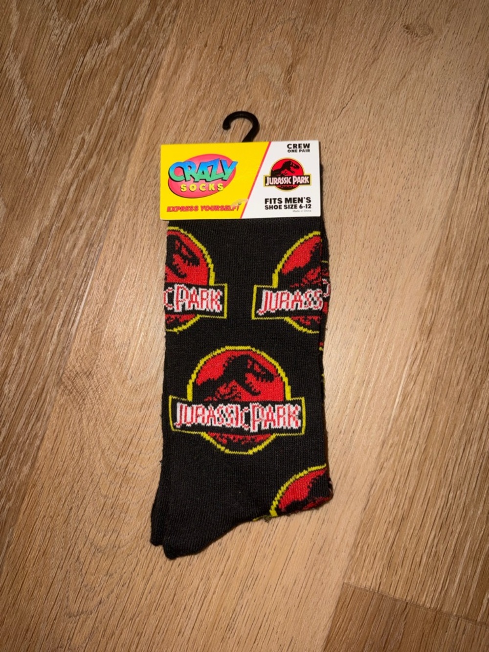 Jurassic Park Novelty Crew Crazy Socks 1 Pair Fits Shoe Size 6-12 New Black Red